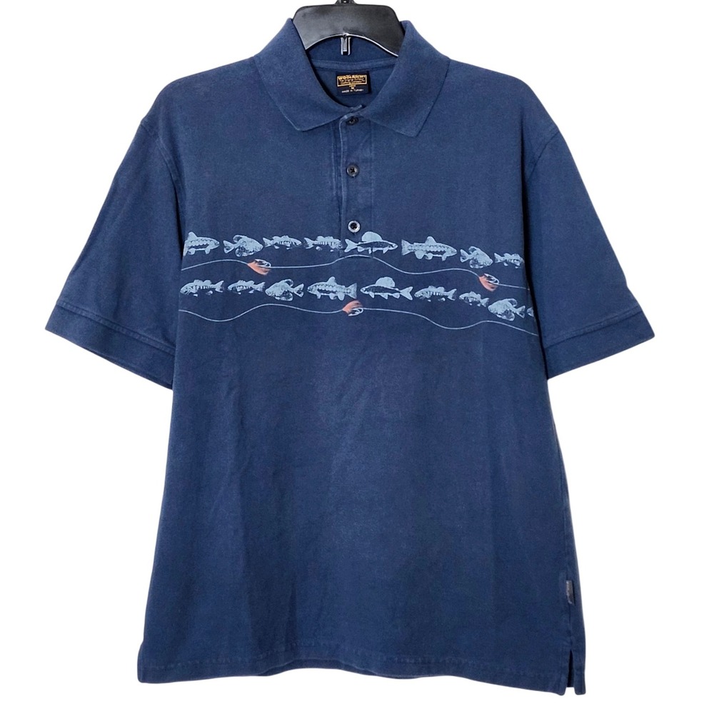 Woolrich Cotton Polo Shirt Mens Medium Blue Fish‎ Graphic Print Short Sleeve